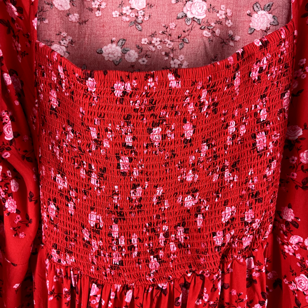 Old Navy Floral Maxi Dress Womens XXL Tall Red Puff Sleeve Open Back Front Slit - Picture 14 of 15